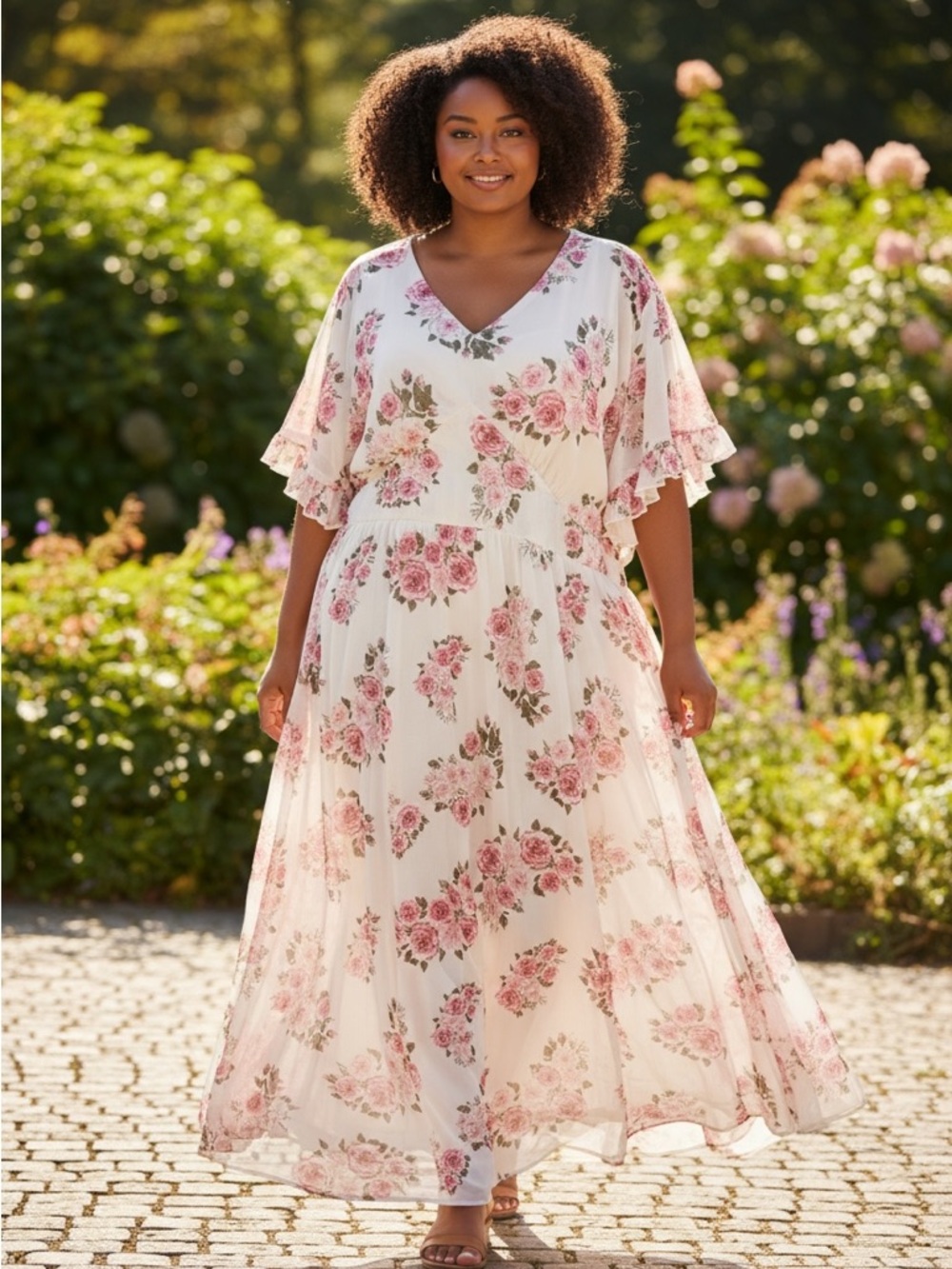 FlyCurvy Romantic Rose Floral V-Neck Maxi Dress in White and Pink Size 5XL